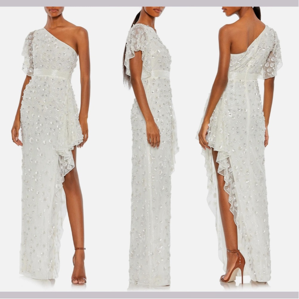 NWT $598 Mac Duggal [ 12 ] 3D Flowers One Shoulder Sequin Slit Gown White‎